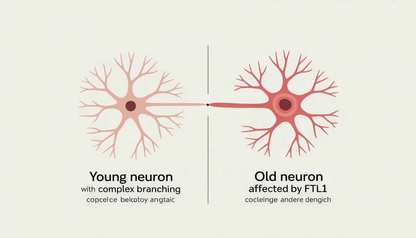 Infographic comparing healthy neurons to neurons degraded by FTL1 protein in an aging brain