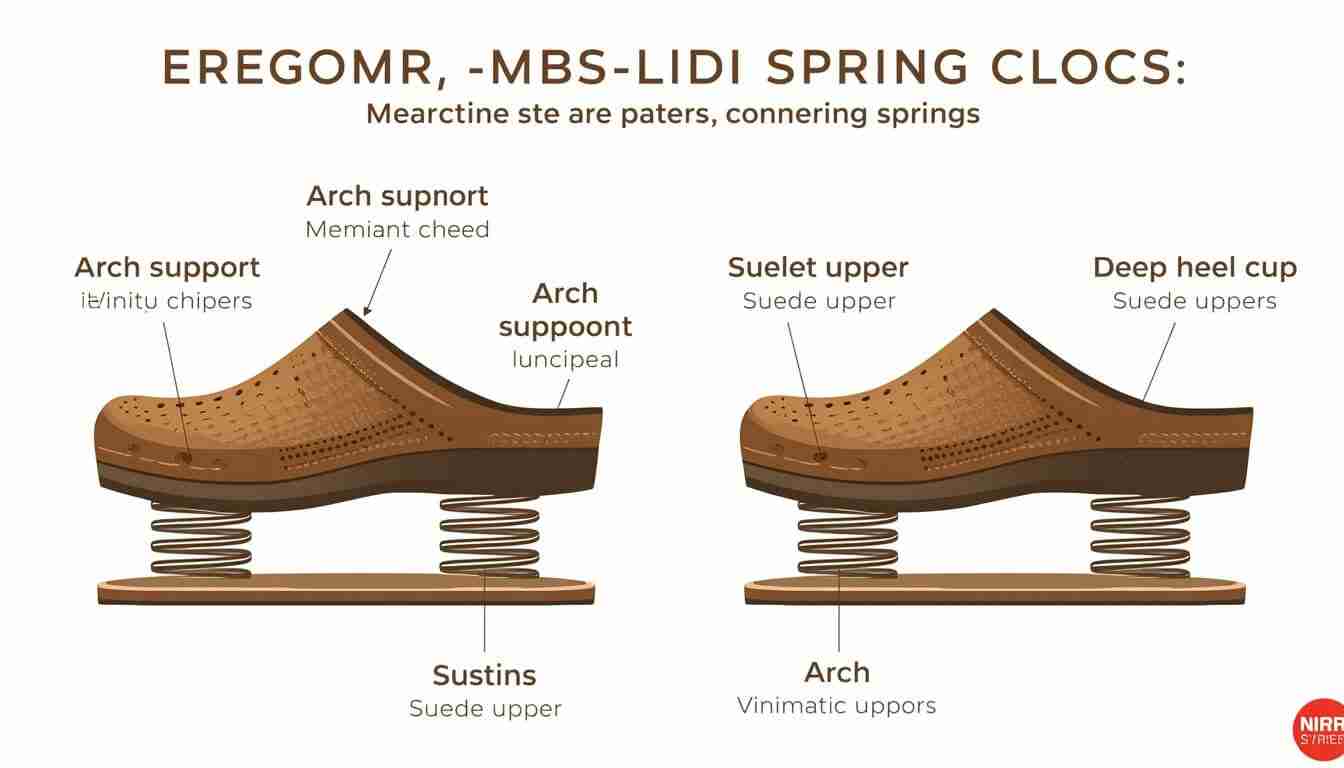 Infographic detailing ergonomic spring clog features suede upper, arch support